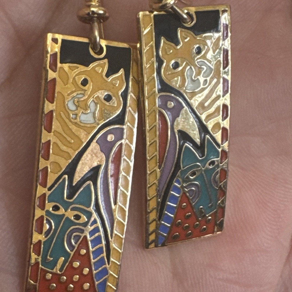 Laurel Burch 1980's"Jungle Friends"Gold Cat Bird Cloisonné Dangle Earrings Rare! - Picture 7 of 13